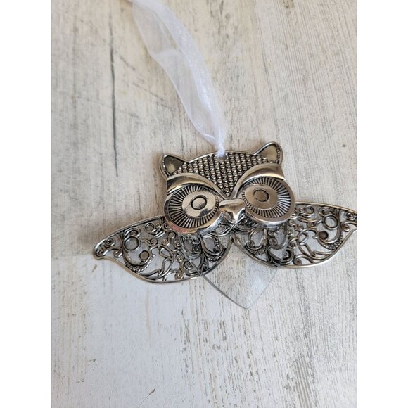 Unique metal owl bird wings ornament Xmas silver - Picture 2 of 6